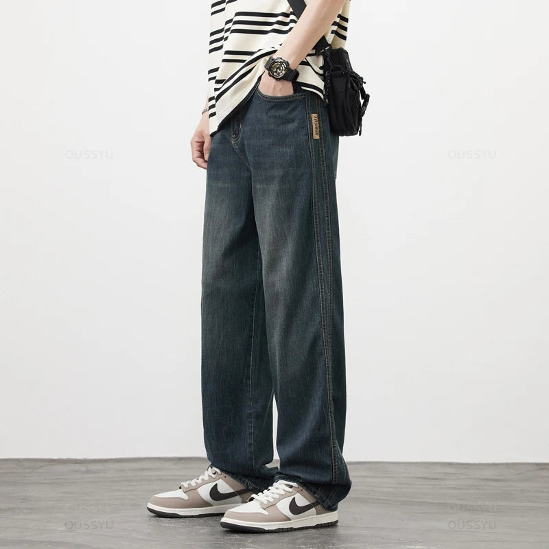 Clothing Spring Autumn Cosy Soft Lyocell Fabric Men's Jeans Loose Wide Leg Pants
