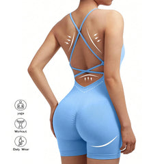 Yoga Criss Cross Backless Cami Sports Romper,Women's Jumpsuits Ribbed One Piece