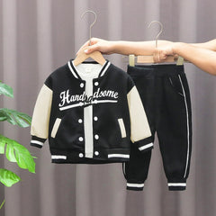Boys' autumn letter baseball single-breasted jacket+round neck printed cotton long sleeve+striped sweatpants 3Pcs suit