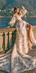 Homecoming Dresses: Long Sweep Train Flower Print Prom Gown