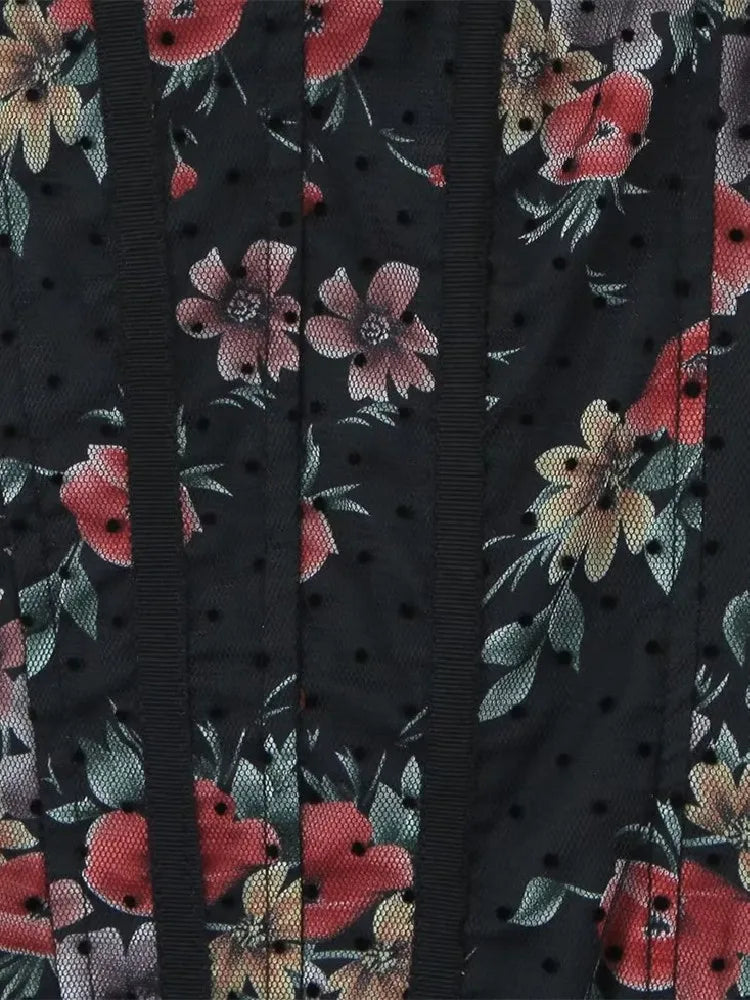Women Black Flower Print Spliced Mesh Bra Corset style Mini Dress Slim