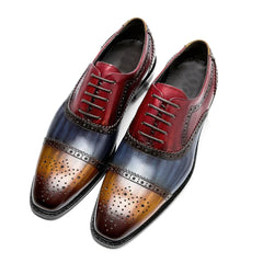 Color Block Genuine Leather Mens Formal Oxford Shoes Cap Toe Lace Up