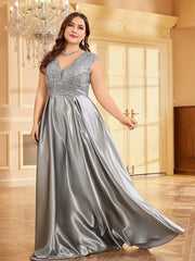 Homecoming Dresses: Plus Size Plus Size Luxury Gold Satin V-Neck Evening Dress