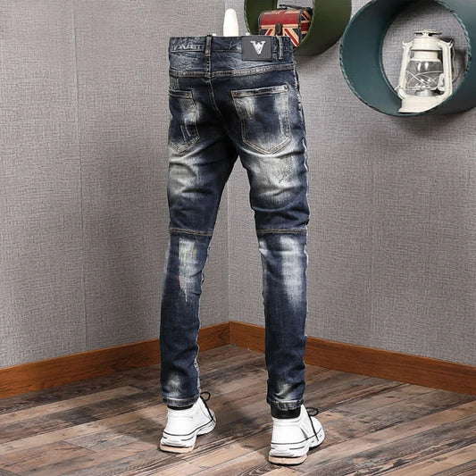 Fashion Streetwear Men Jeans Retro Black Blue Elastic Slim Fit Ripped Jeans Men
