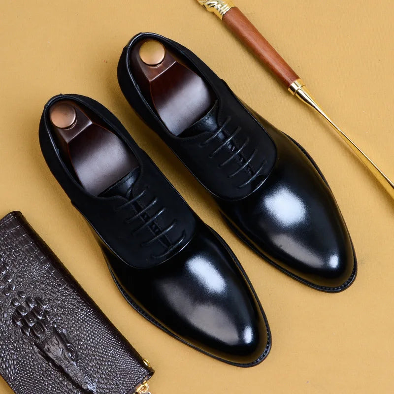 Men's Oxford Formal Shoe Genuine Leather Business Shoes Black Wine Red Lace Up