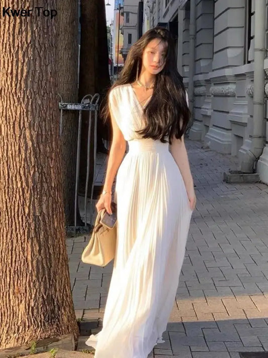 Summer Solid Pleats Long Dresses French Elegant V Neck Holiday Party Vestidos