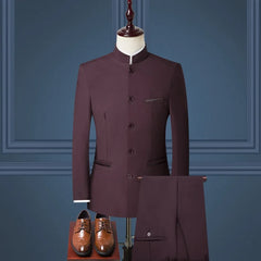 Mens Beach Wedding attire: Men's Stand Collar Chinese Style Slim Fit Two Piece Suit
