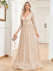 Homecoming Dresses: V Neck Long Sleeves Blue Sequins Formal Evening Dress