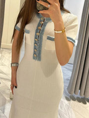 Women's Metal Button Patchwork Denim Knit Long Dresses