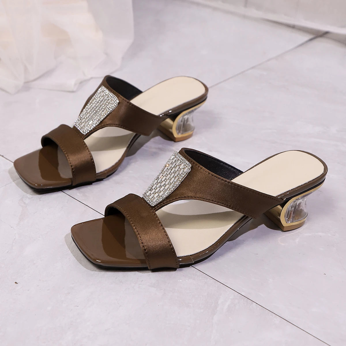 Square Toe Clear Low Heels Sandals Women 2025 Summer Crystal Decor Thick Heeled Sandals Woman Plus Size 43 Slip On Party Shoes