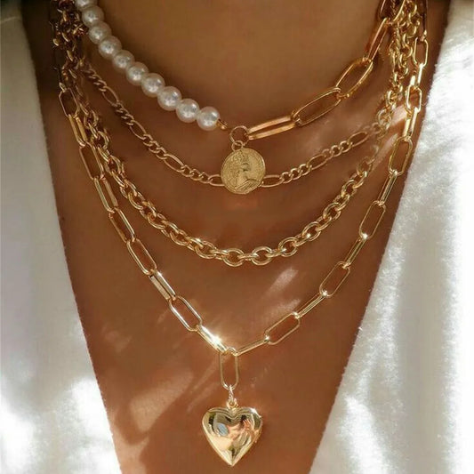 Vintage Punk Gold-plate Thick Chain Head Portrait Coin Pendant Necklace For Women Fashion Multilevel Geometric Hip Hop Jewelry