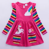 Girls' Long Sleeve Unicorn Dress Autumn Embroidery Two Pockets Rainbow Sleeves