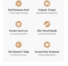 1-8pcs Kitchen Knife Set 73 Layers Custom Damascus Steel 15°±1 Per Side Steel Blade