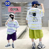 2025 Summer Boys' 2-Piece Set: Tie-Dye Striped Short Sleeve with Cartoon Back Graphic & Matching Shorts - 2 Color Options