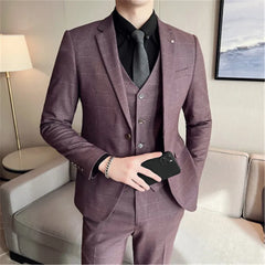 Beach Wedding Outfit Men: 3 Pieces Compete Sets (Jacket+Vest+Pants) Classic Plaid