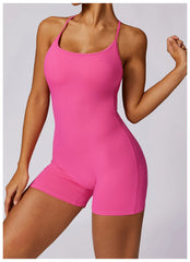 Women Fitness Jumpsuit Running Workout One Piece Yoga Suit Scrunch Butt Shorts