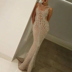 Evening Dresses: O-Neck Mermaid Floor-Length Sleeveless Sequin