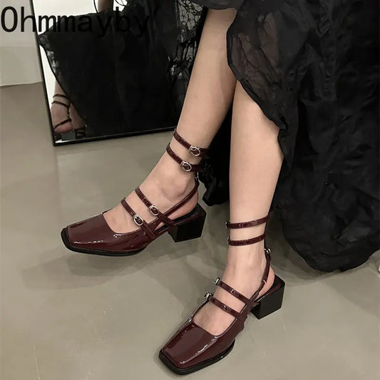 Women Sandal Fashion Narrow Band Dress Square Heel Shoes