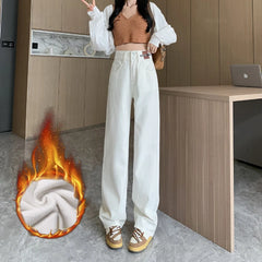 Winter Warm Women's Jeans Fashion Slim Thicken Fleece Flared Pants