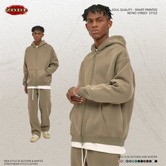 Men Double Headed Zipper Fleece Hoodies Unisex Loose Basic Solid Warm Hooded