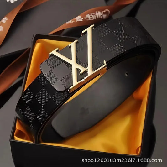 Light Luxury Mens Leather Belt Smooth Buckle Genuine Cowhide Perforated Pattern Fashion Trendy High End Versatile