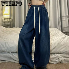 Spring Women Vintage Baggy Jeans Elastic Waist Oversized American Trouser