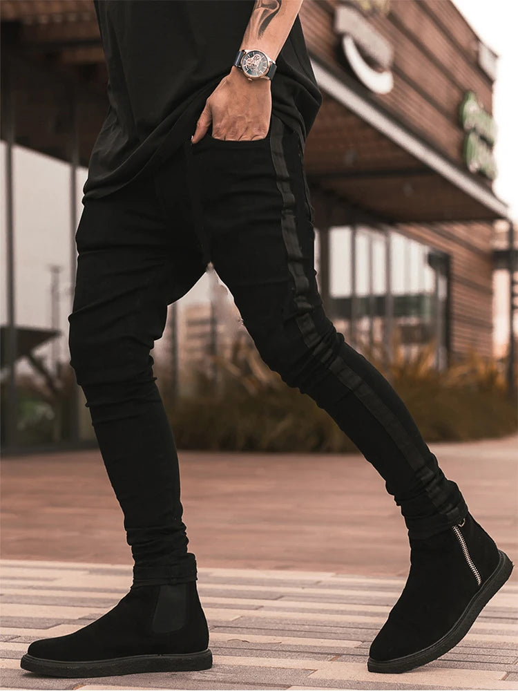 Streetwear Men's Skinny jeans men Pants Pencil Biker Side Striped Jeans Hip Hop