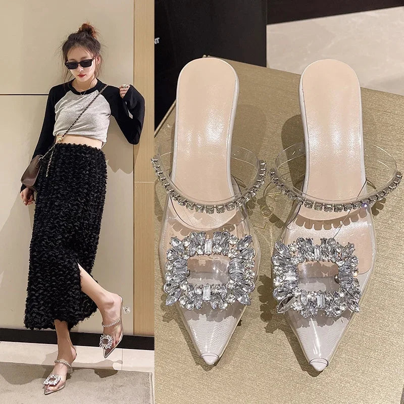 Ladies Shoes Fashion Pointed Toe Crystal Transparent Women's High Heels