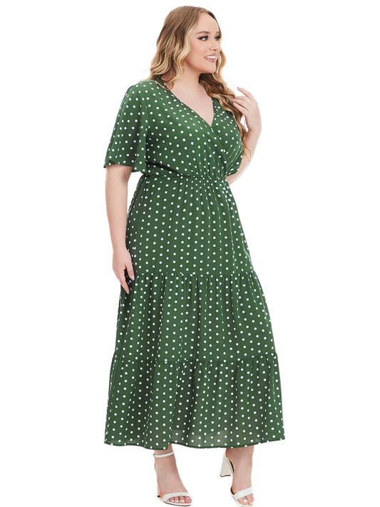 Plus Size Polka Dot Print Surplice Neck Short Sleeve Tee Ruched Bohemian Dresses