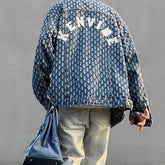 American street print hollow hole denim jacket high street loose embroidery casual jacket