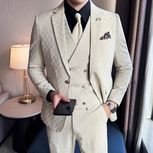 Tuxedo for Mens: Men Leisure Boutique Business Plaid Wedding Host Suit 3 Pcs Set