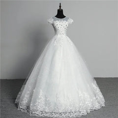 White Bridesmaid Dresses: Plus Size Wedding Dress with Sleeve O Neck Brides Dress Floor