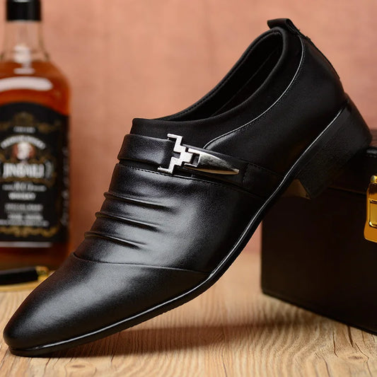 Classic Men Dress Shoes Slip on Black Leather Shoes for Men Plus Size Point Toe