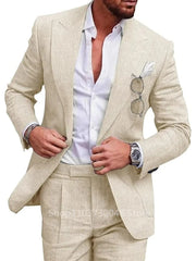 Light Blue/Beige Linen Wedding Men Suit Casual Single Breasted Slim Fit Blazer Pants