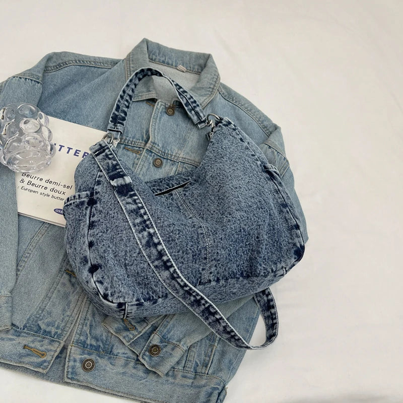 Women's minimalist and fashionable casual denim shoulder bag, zippered shopping bag