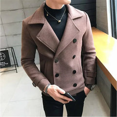 Fashion Men Double-Breasted Windbreaker Solid Color Slim Short Woolen Coat