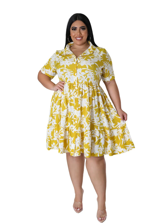 Plus Size Midi Dress Women Floral Print Female A Line Elegant Spring Summer