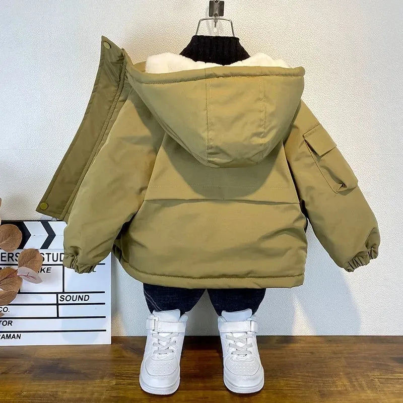 Down Cotton Jacket Boys Black Hooded Coat Children Outerwear Clothing