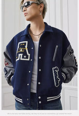 Letter Embroidery Bomber Jacket Men Women Autumn Winter Leather Sleeves