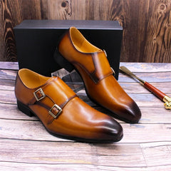 Mens Dress Shoes Genuine Leather Monk Strap Buckle Brown Pointed Toe Handmade