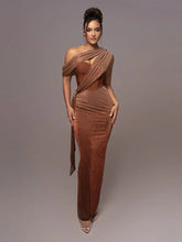 Evening Dresses: One Shoulder Draped Glitter Long Dress Women Brown