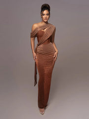 Evening Dresses: One Shoulder Draped Glitter Long Dress Women Brown