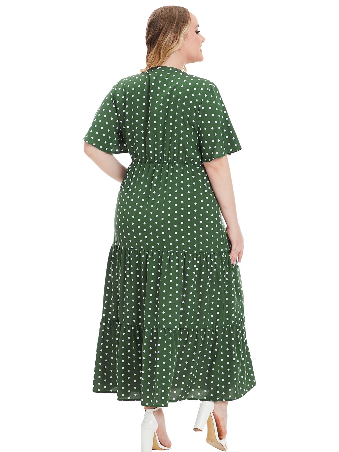 Plus Size Polka Dot Print Surplice Neck Short Sleeve Tee Ruched Bohemian Dresses