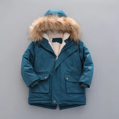 Winter Boys Jacket Windbreaker Keep Warm Thicken Fur Collar Girls Coat Hooded Children