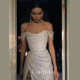 Evening wear Dresses: Off Shoulder Prom Dress Side Split Evening Dress