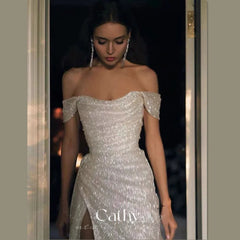 Evening wear Dresses: Off Shoulder Prom Dress Side Split Evening Dress