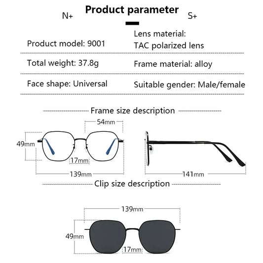 Sunglasses Men Women 3 In 1 Magnetic Clip On Glasses Hexagon Alloy Frame