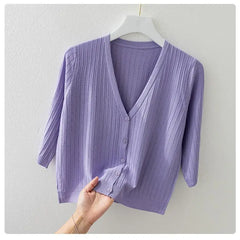 Fashion Women Solid Knitted Sweaters Coats Spring Summer Half Sleeve V-neck