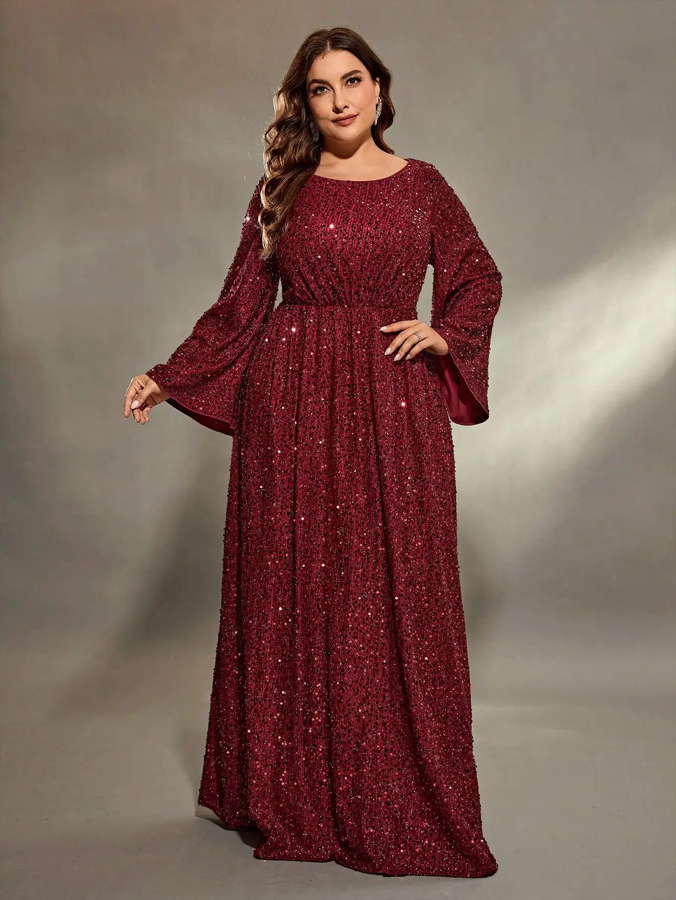 Mgiacy plus size Round neck flared sleeves bust pleated sequins A full skirt