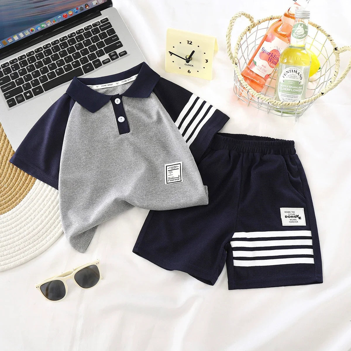 Boys' 2025 New Summer Polo Shirt & Shorts 2-Piece Set Trendy Sporty Waffle Knit Outfit Cool Casual Toddler Kids Clothing